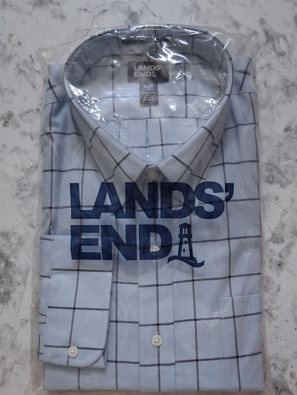 Lands' End Light Blue Dress Shirt with Navy Windowpane